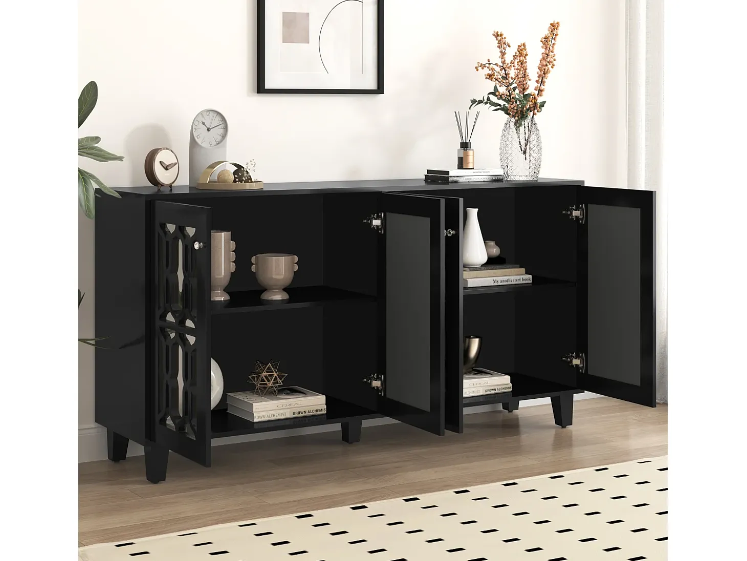 Aparador 160x40x84cm con 4 puertas con espejo, cuerpo lacado en negro