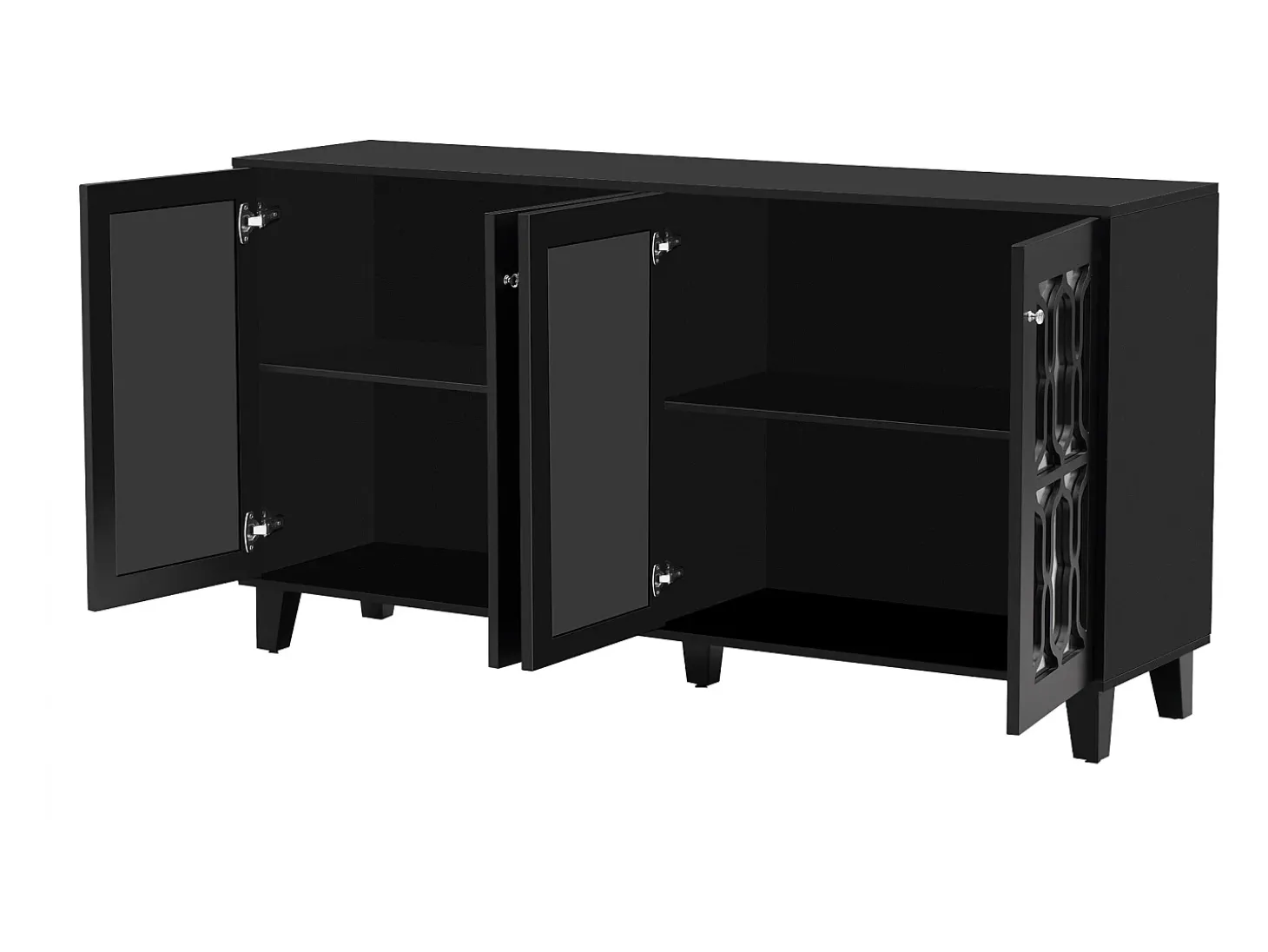 Aparador 160x40x84cm con 4 puertas con espejo, cuerpo lacado en negro