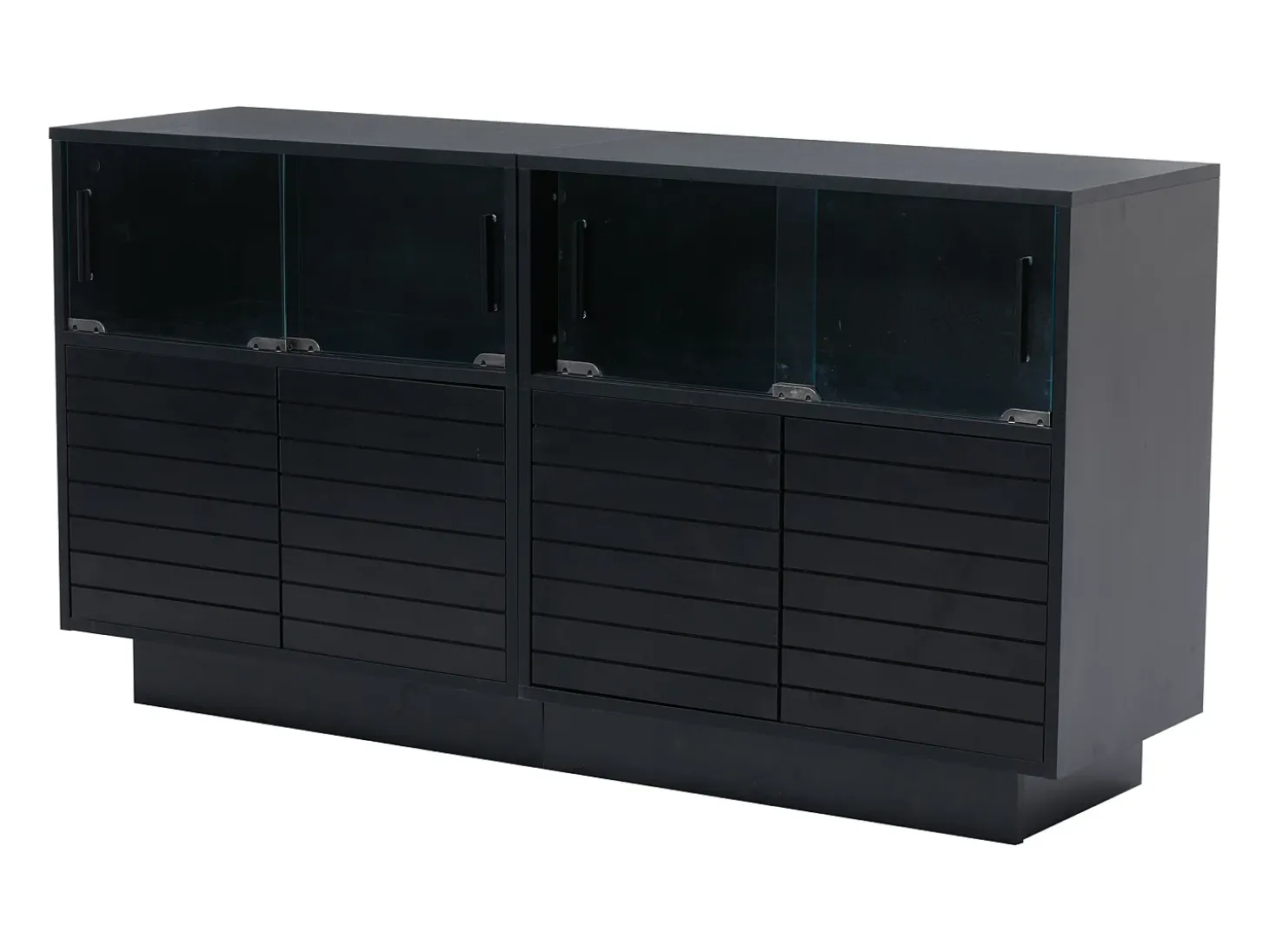Aparador 130x35x68cm con 4 puertas correderas de cristal y 4 puertas batientes negras, LED incluido