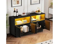 Aparador 130x35x68cm con 4 puertas correderas de cristal y 4 puertas batientes negras, LED incluido