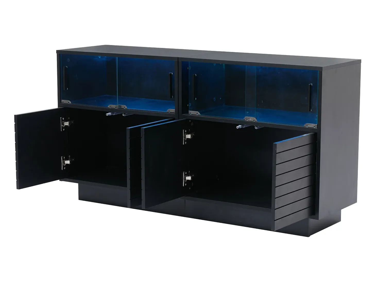 Aparador 130x35x68cm con 4 puertas correderas de cristal y 4 puertas batientes negras, LED incluido
