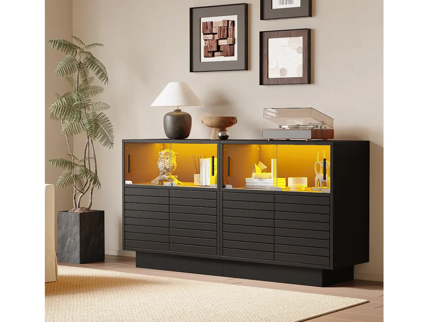 Aparador 130x35x68cm con 4 puertas correderas de cristal y 4 puertas batientes negras, LED incluido