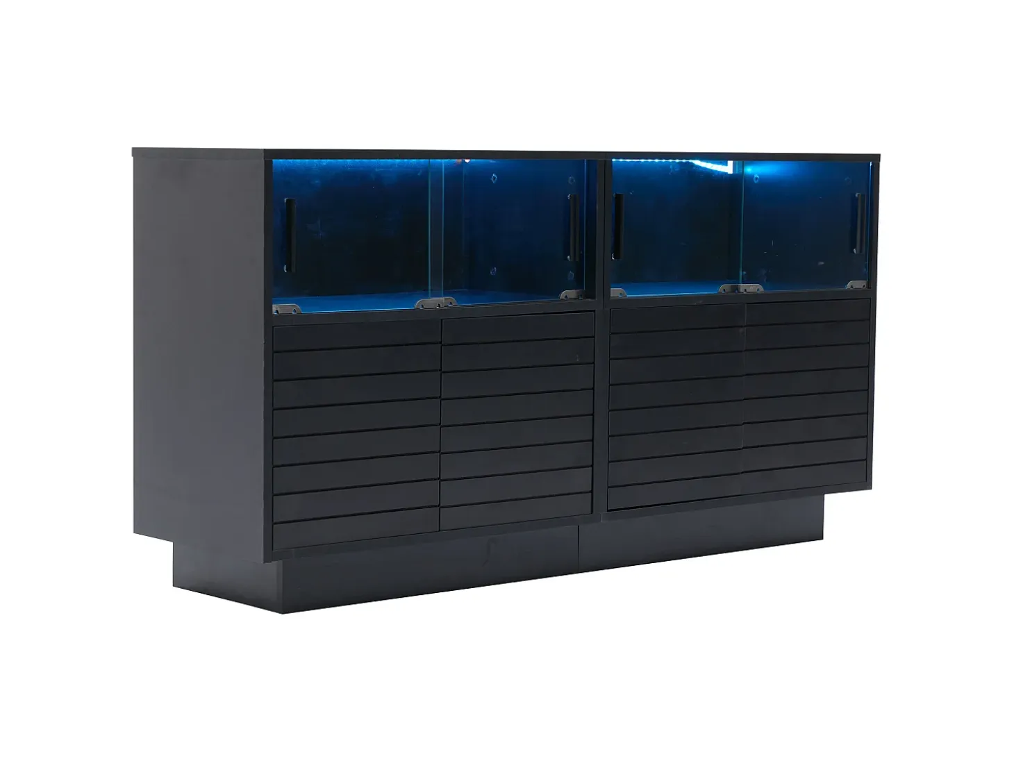 Aparador 130x35x68cm con 4 puertas correderas de cristal y 4 puertas batientes negras, LED incluido