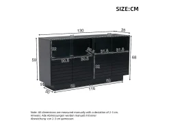 Aparador 130x35x68cm con 4 puertas correderas de cristal y 4 puertas batientes negras, LED incluido