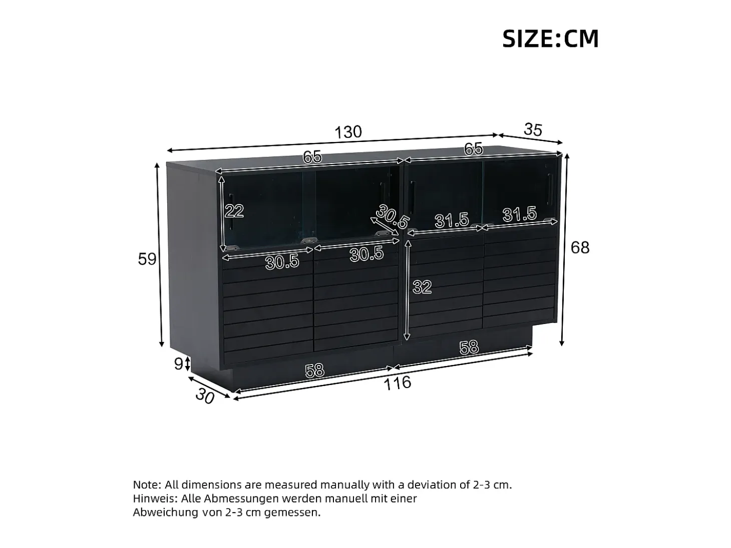 Aparador 130x35x68cm con 4 puertas correderas de cristal y 4 puertas batientes negras, LED incluido