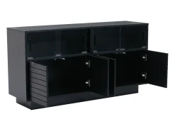 Aparador 130x35x68cm con 4 puertas correderas de cristal y 4 puertas batientes negras, LED incluido