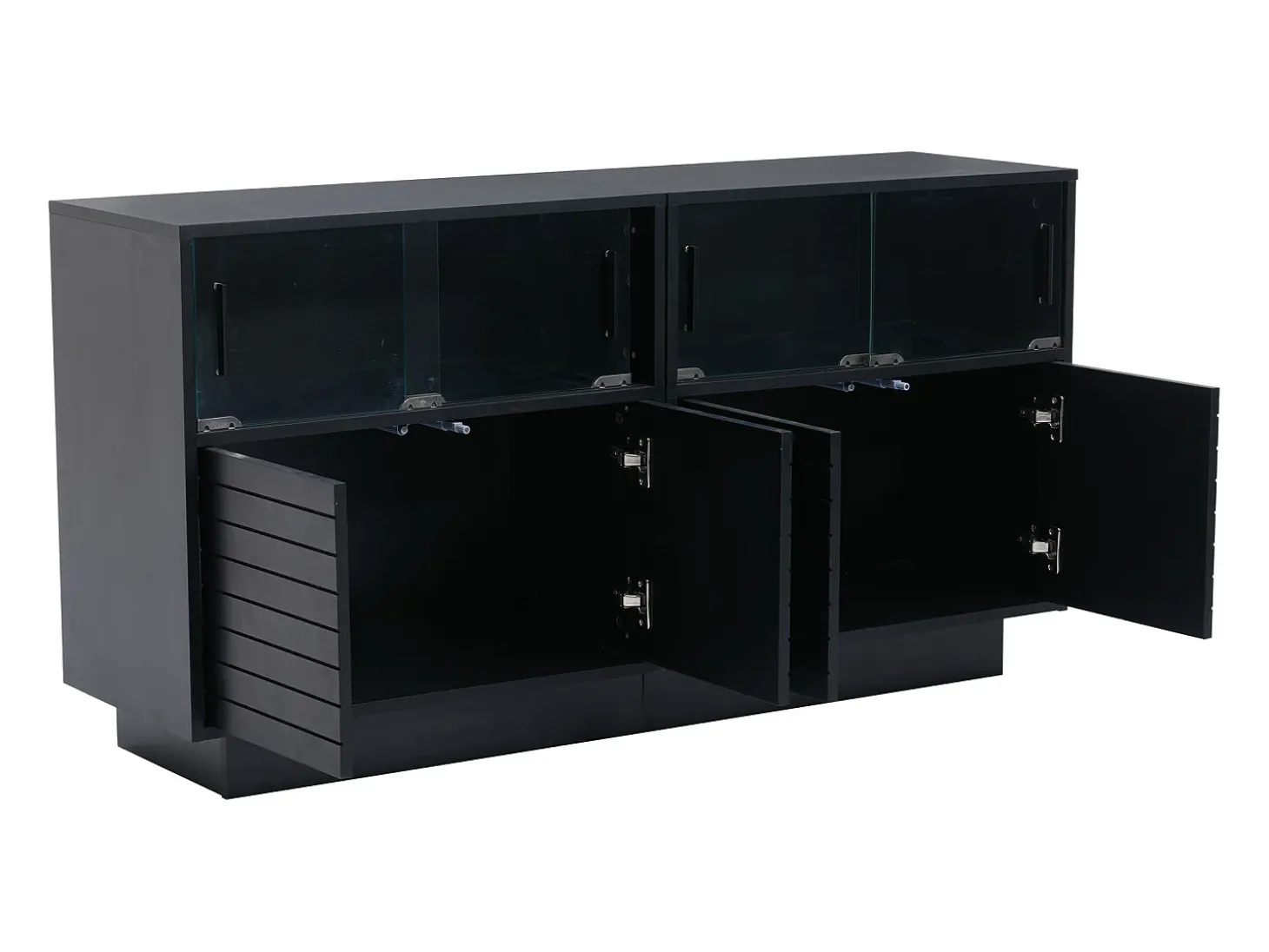 Aparador 130x35x68cm con 4 puertas correderas de cristal y 4 puertas batientes negras, LED incluido