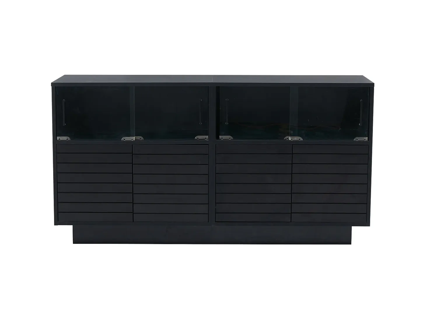 Aparador 130x35x68cm con 4 puertas correderas de cristal y 4 puertas batientes negras, LED incluido