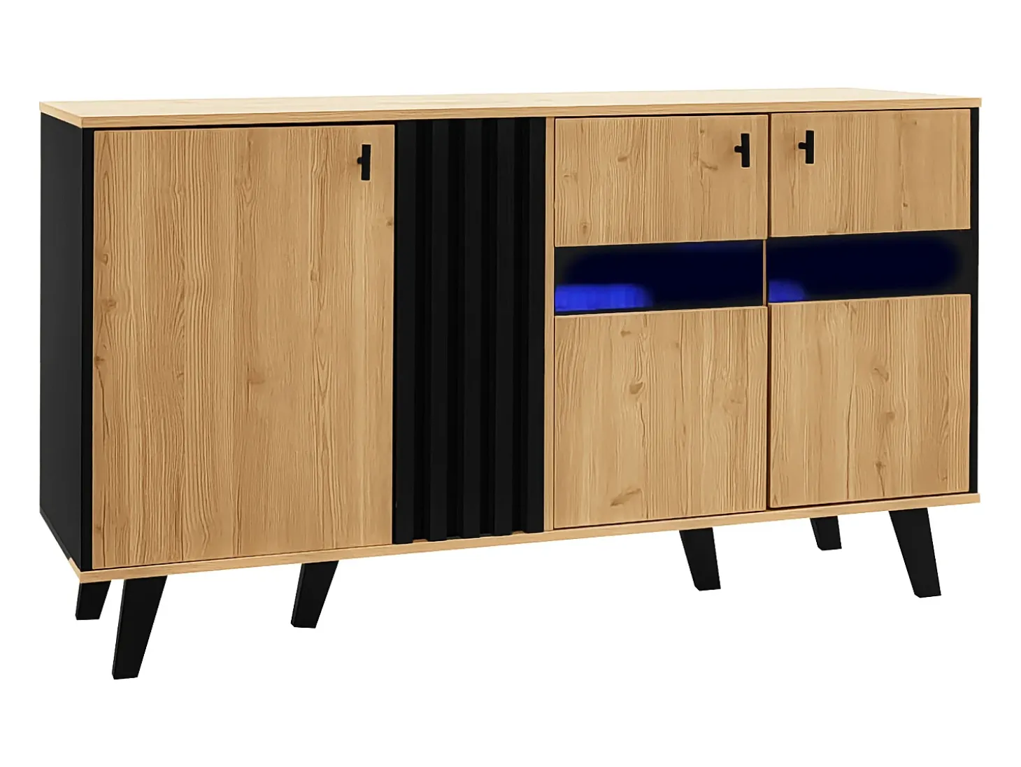 Aparador 140x41x78,5cm con 3 puertas y LED, en chapa imitación madera, natural y negro