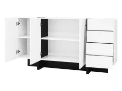 Aparador 150x40x80cm con 3 puertas y 4 cajones, cuerpo en lacado blanco brillo y negro.