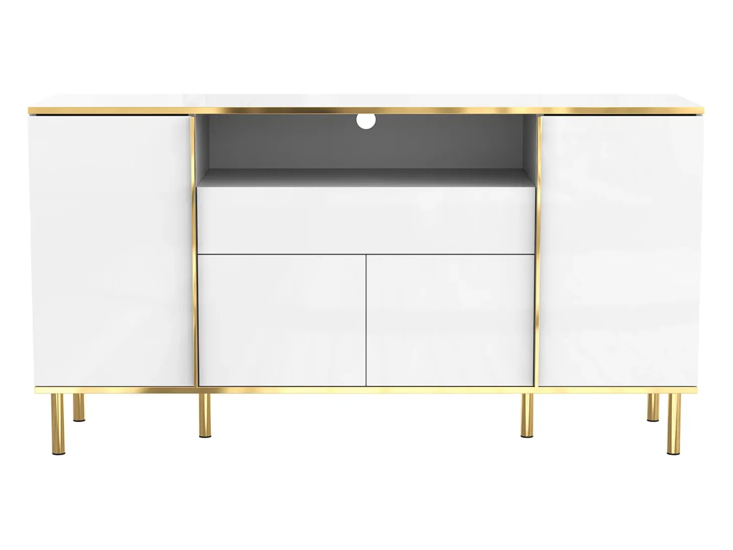 Aparador 150x40x80cm con 4 puertas, 1 cajón y 1 nicho con LED, cuerpo en lacado blanco, cantos y patas en oro.