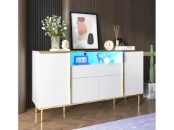 Aparador 150x40x80cm con 4 puertas, 1 cajón y 1 nicho con LED, cuerpo en lacado blanco, cantos y patas en oro.