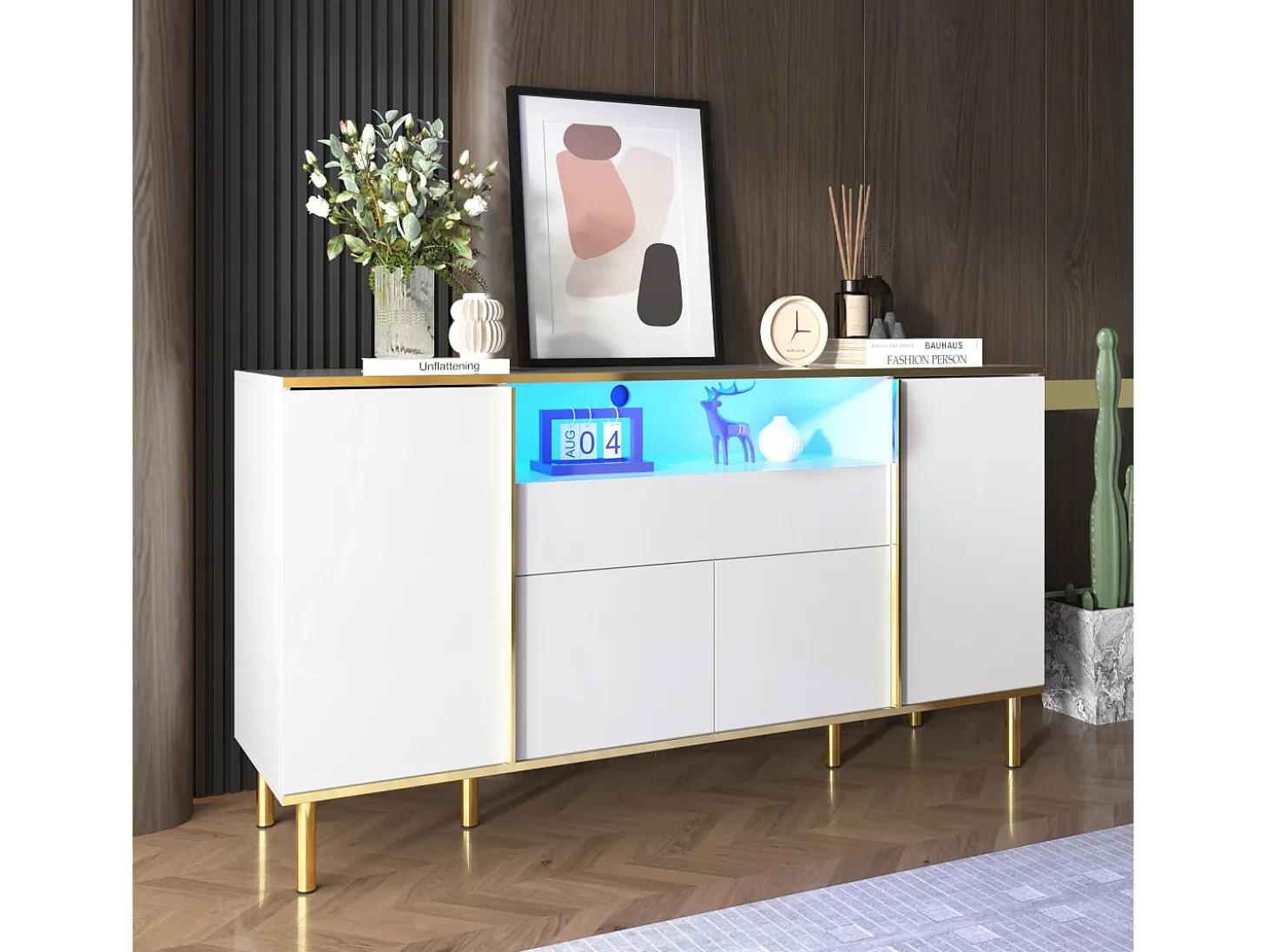 Aparador 150x40x80cm con 4 puertas, 1 cajón y 1 nicho con LED, cuerpo en lacado blanco, cantos y patas en oro.