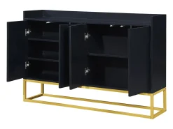 Aparador 120x30x80cm con 4 puertas sin tiradores, patas de metal dorado, cuerpo negro