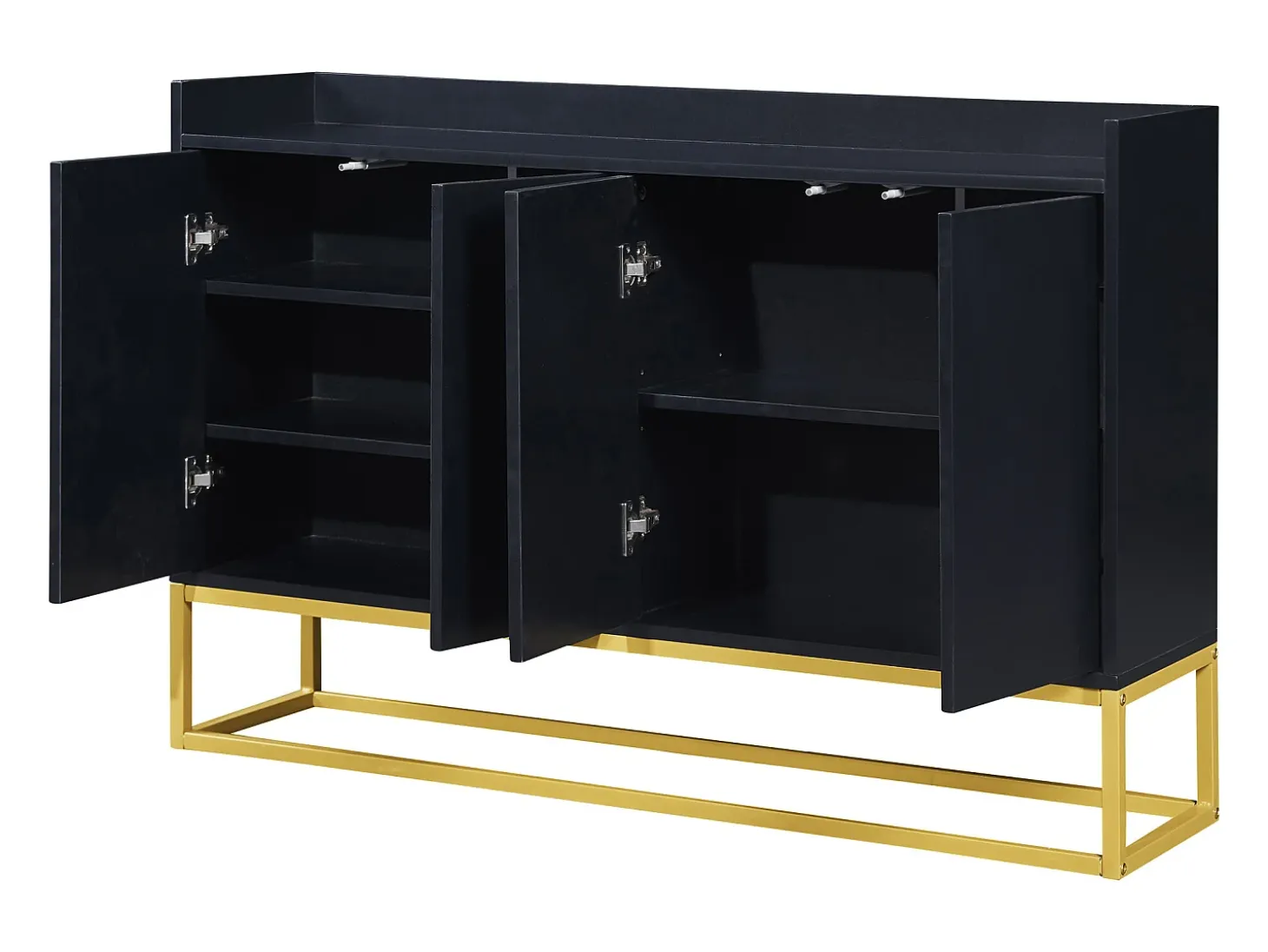 Aparador 120x30x80cm con 4 puertas sin tiradores, patas de metal dorado, cuerpo negro