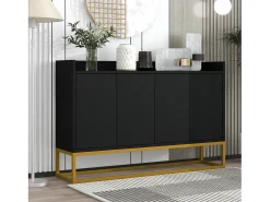Aparador 120x30x80cm con 4 puertas sin tiradores, patas de metal dorado, cuerpo negro