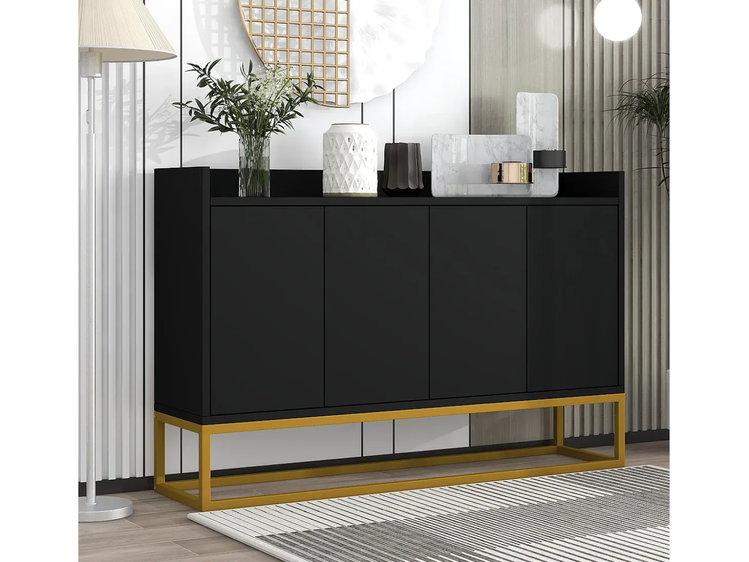 Aparador 120x30x80cm con 4 puertas sin tiradores, patas de metal dorado, cuerpo negro