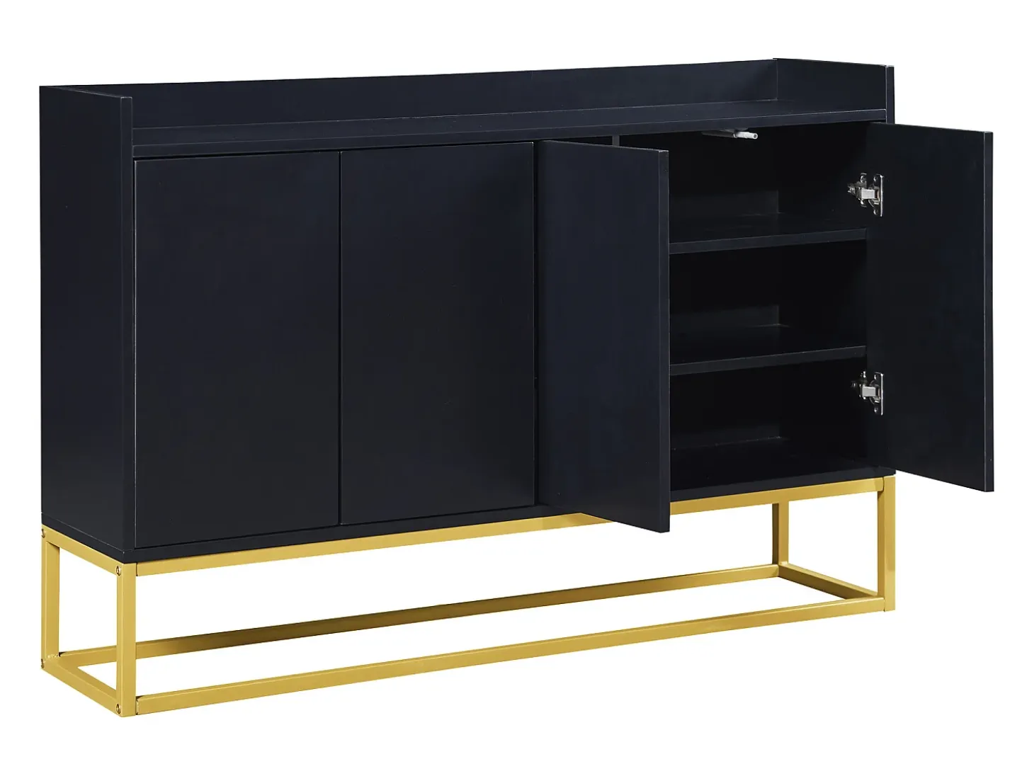 Aparador 120x30x80cm con 4 puertas sin tiradores, patas de metal dorado, cuerpo negro
