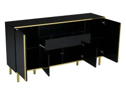 Aparador 150x40x80cm con 4 puertas, 1 cajón y 1 nicho con LED, cuerpo lacado en negro, cantos y patas dorados