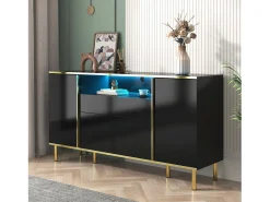 Aparador 150x40x80cm con 4 puertas, 1 cajón y 1 nicho con LED, cuerpo lacado en negro, cantos y patas dorados
