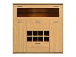 Aparador 110x38x111cm con 3 puertas incluyendo 1 puerta de cristal, 2 cajones y botelleros, LED incluido, en color madera natural clara