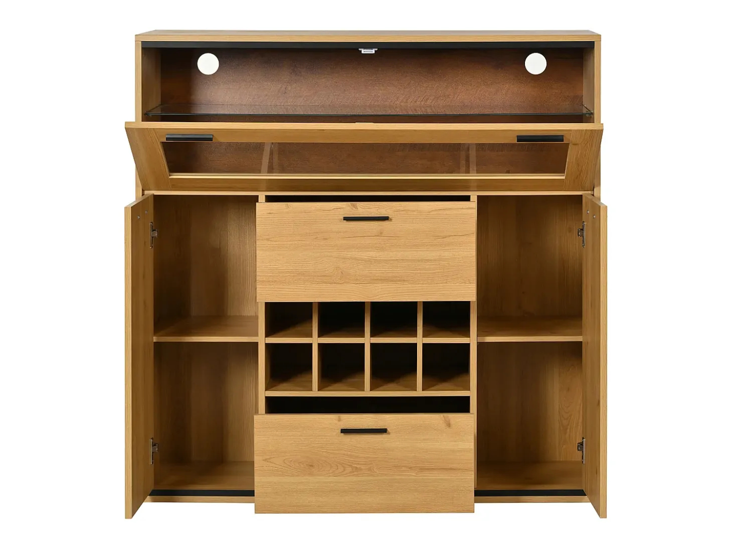 Aparador 110x38x111cm con 3 puertas incluyendo 1 puerta de cristal, 2 cajones y botelleros, LED incluido, en color madera natural clara