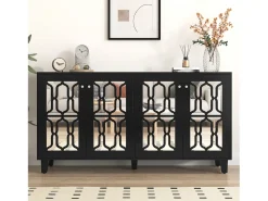 Aparador 160x40x81cm, con 4 puertas de espejo, laminado móvil, tiradores de cristal frío, para salón y comedor, color negro