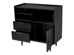 Aparador 80x35x180cm con 3 puertas incluidas 2 puertas correderas de cristal, 2 cajones y LED, cuerpo de MDF negro