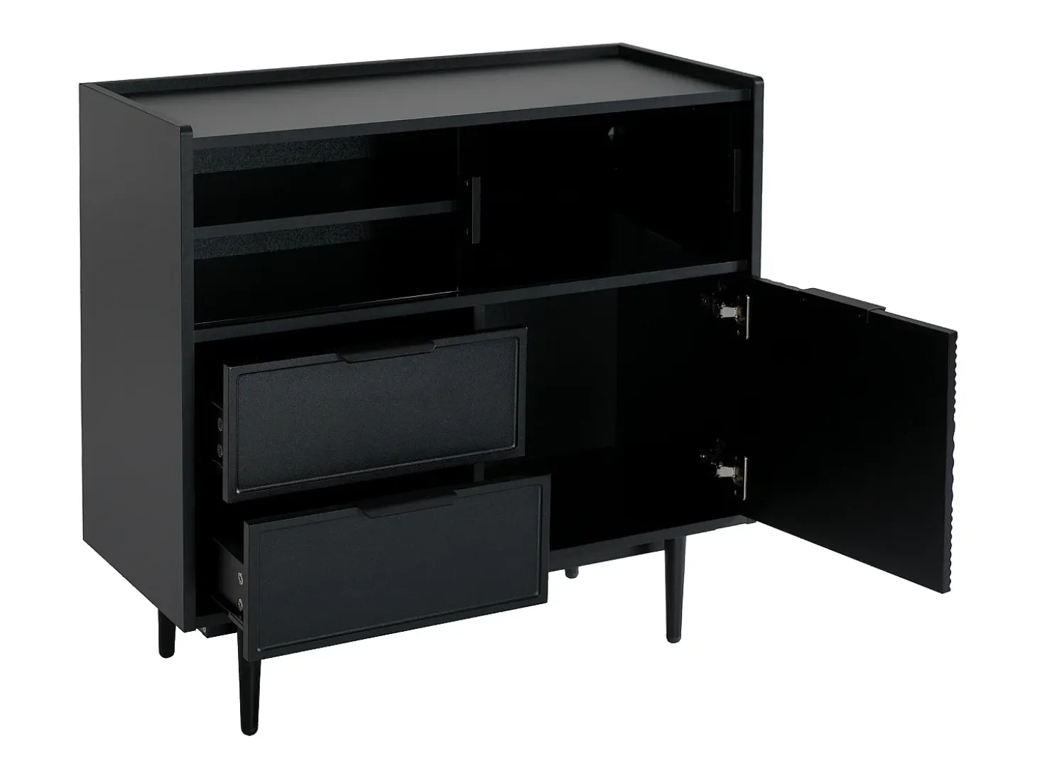 Aparador 80x35x180cm con 3 puertas incluidas 2 puertas correderas de cristal, 2 cajones y LED, cuerpo de MDF negro