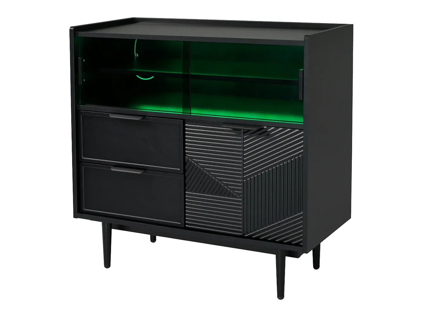 Aparador 80x35x180cm con 3 puertas incluidas 2 puertas correderas de cristal, 2 cajones y LED, cuerpo de MDF negro