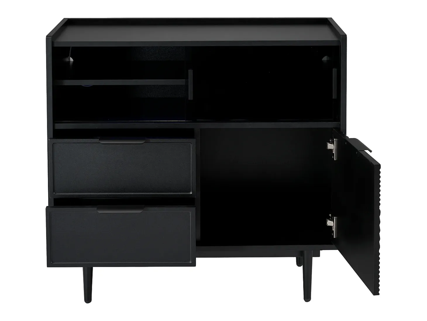 Aparador 80x35x180cm con 3 puertas incluidas 2 puertas correderas de cristal, 2 cajones y LED, cuerpo de MDF negro