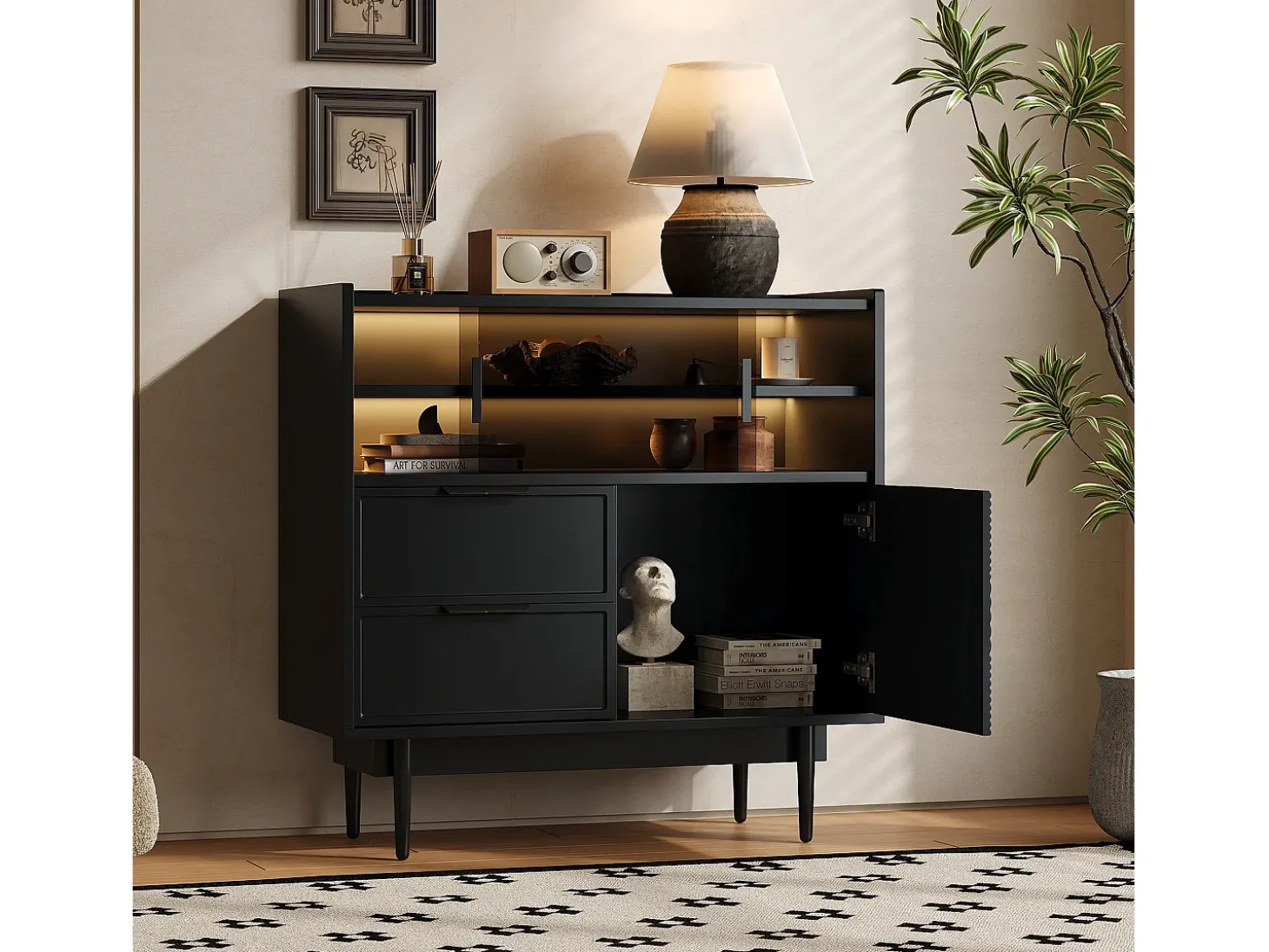 Aparador 80x35x180cm con 3 puertas incluidas 2 puertas correderas de cristal, 2 cajones y LED, cuerpo de MDF negro