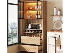 Aparador 80x40x180cm con 2 puertas de cristal, 2 cajones y botellero, LED incluido, cuerpo en madera natural clara