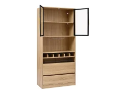 Aparador 80x40x180cm con 2 puertas de cristal, 2 cajones y botellero, LED incluido, cuerpo en madera natural clara