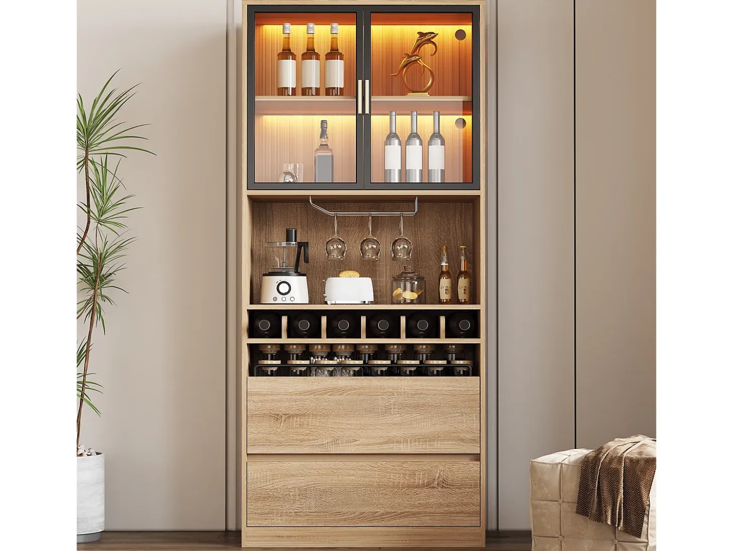 Aparador 80x40x180cm con 2 puertas de cristal, 2 cajones y botellero, LED incluido, cuerpo en madera natural clara