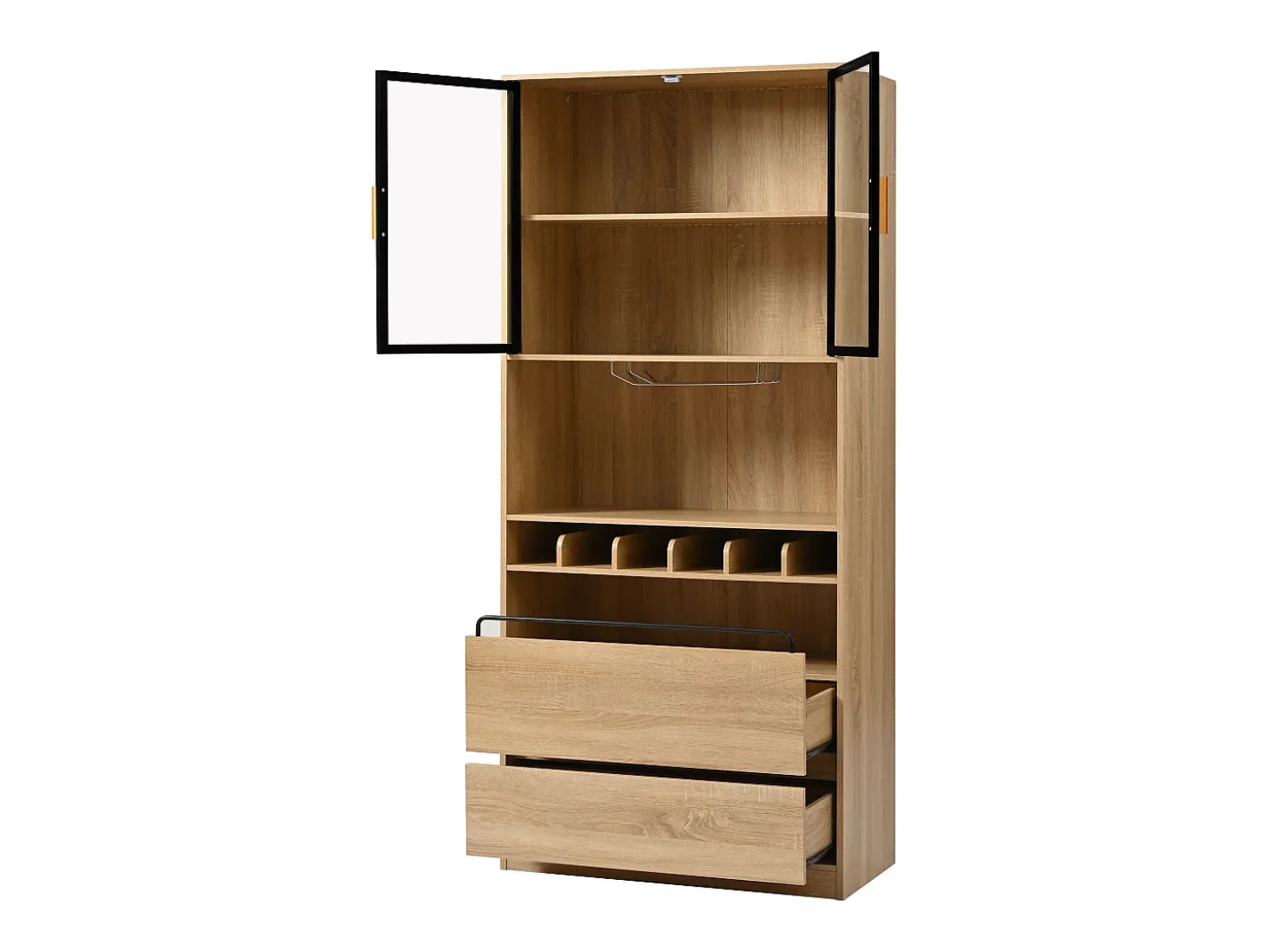 Aparador 80x40x180cm con 2 puertas de cristal, 2 cajones y botellero, LED incluido, cuerpo en madera natural clara