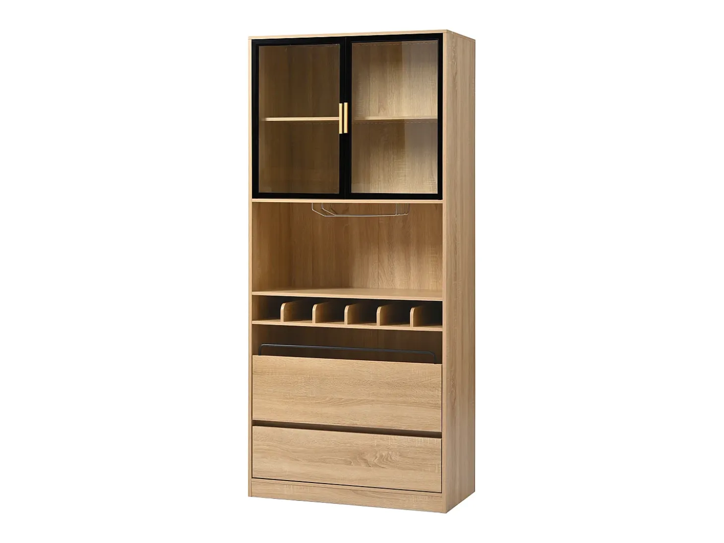 Aparador 80x40x180cm con 2 puertas de cristal, 2 cajones y botellero, LED incluido, cuerpo en madera natural clara