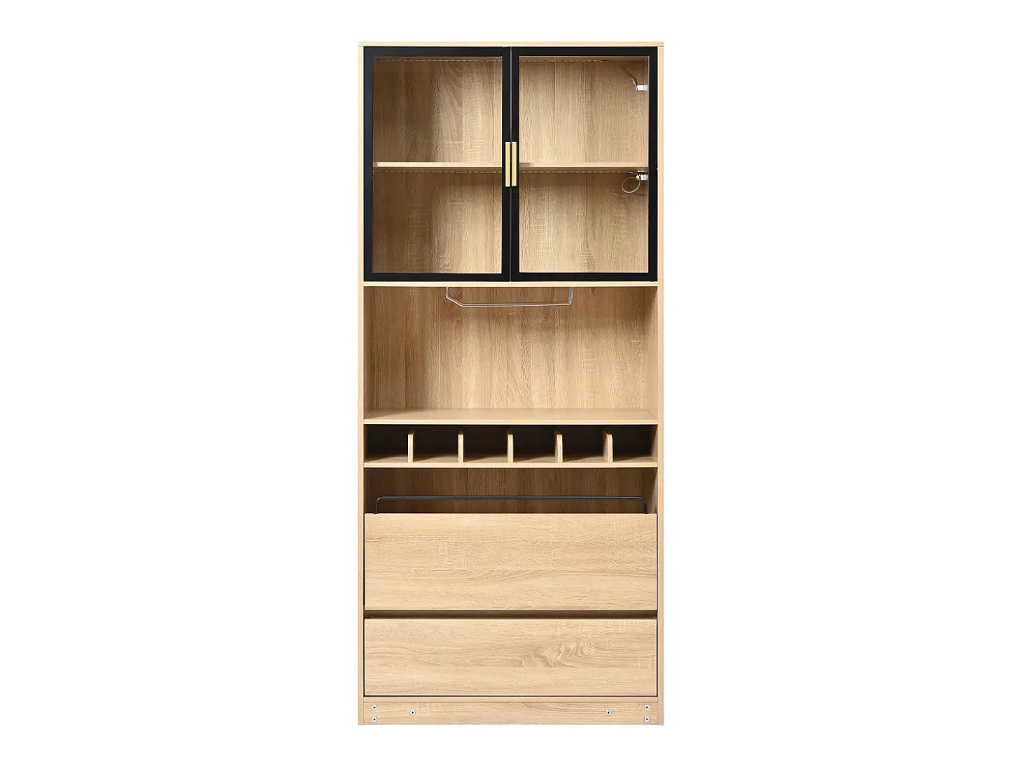 Aparador 80x40x180cm con 2 puertas de cristal, 2 cajones y botellero, LED incluido, cuerpo en madera natural clara