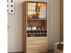 Aparador 80x40x180cm con 2 puertas de cristal, 2 cajones y botellero, LED incluido, cuerpo en madera natural clara