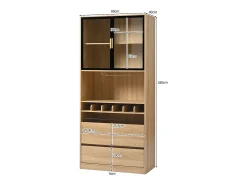 Aparador 80x40x180cm con 2 puertas de cristal, 2 cajones y botellero, LED incluido, cuerpo en madera natural clara