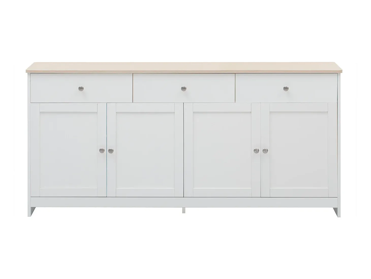 Aparador 160x37x75cm con 4 puertas y 3 cajones, blanco, tapa acabado madera natural