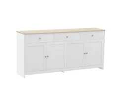 Aparador 160x37x75cm con 4 puertas y 3 cajones, blanco, tapa acabado madera natural