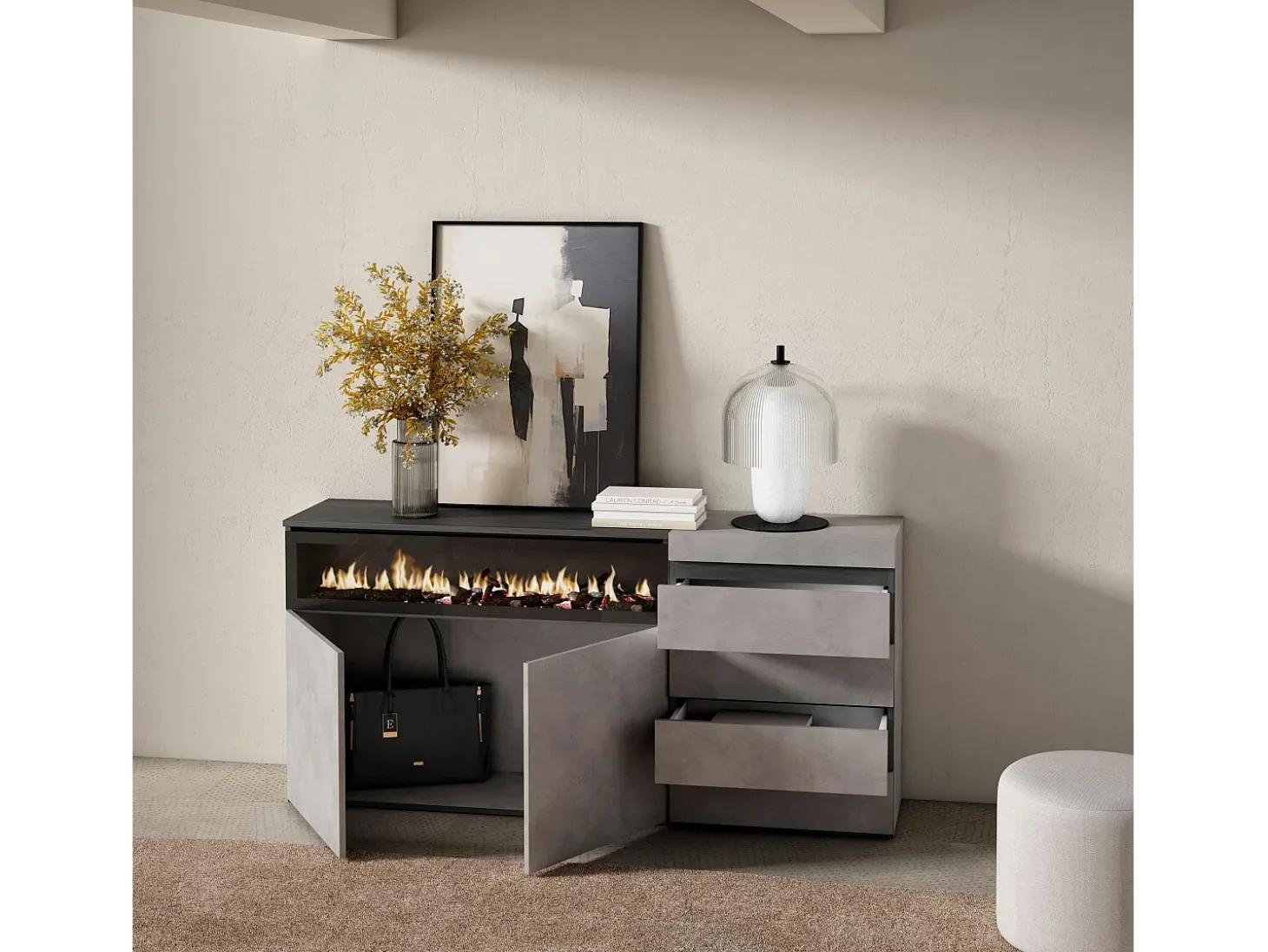 Aparador, 157x35x75cm, Dormitorio, habitación, Chimenea eléctrica, Cómoda, Cajonera, Cemento