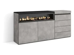 Aparador, 157x35x75cm, Dormitorio, habitación, Chimenea eléctrica, Cómoda, Cajonera, Cemento