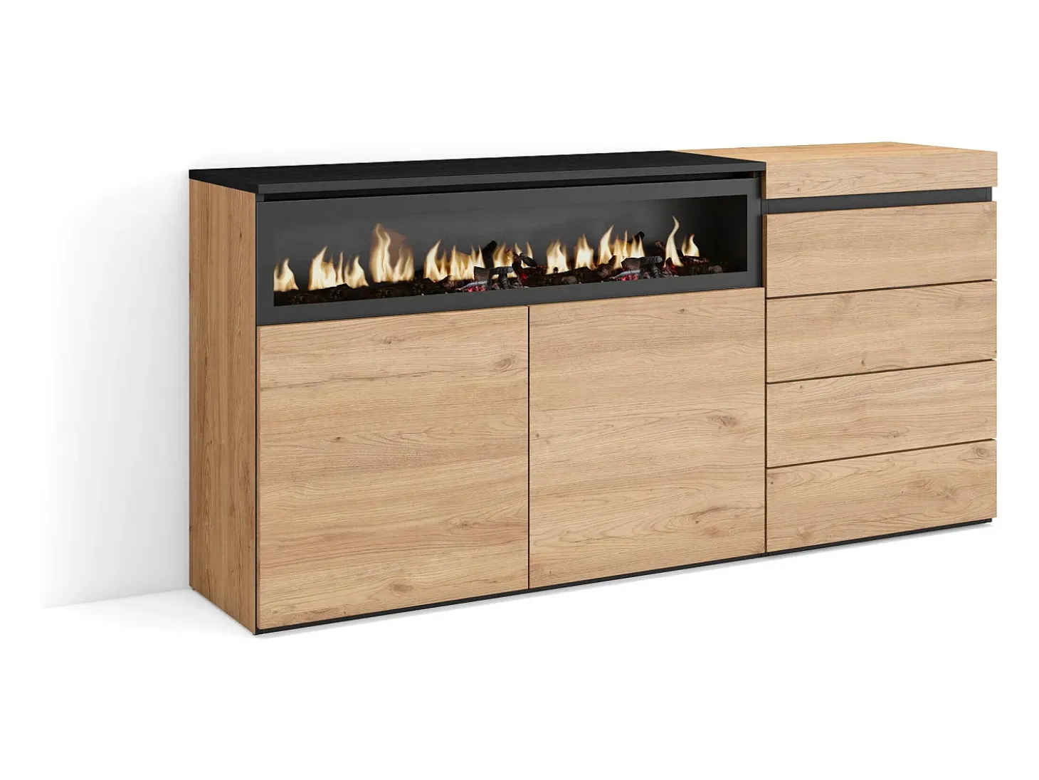 Aparador, 157x35x75cm, Dormitorio, habitación, Chimenea eléctrica, Cómoda, Cajonera, Roble