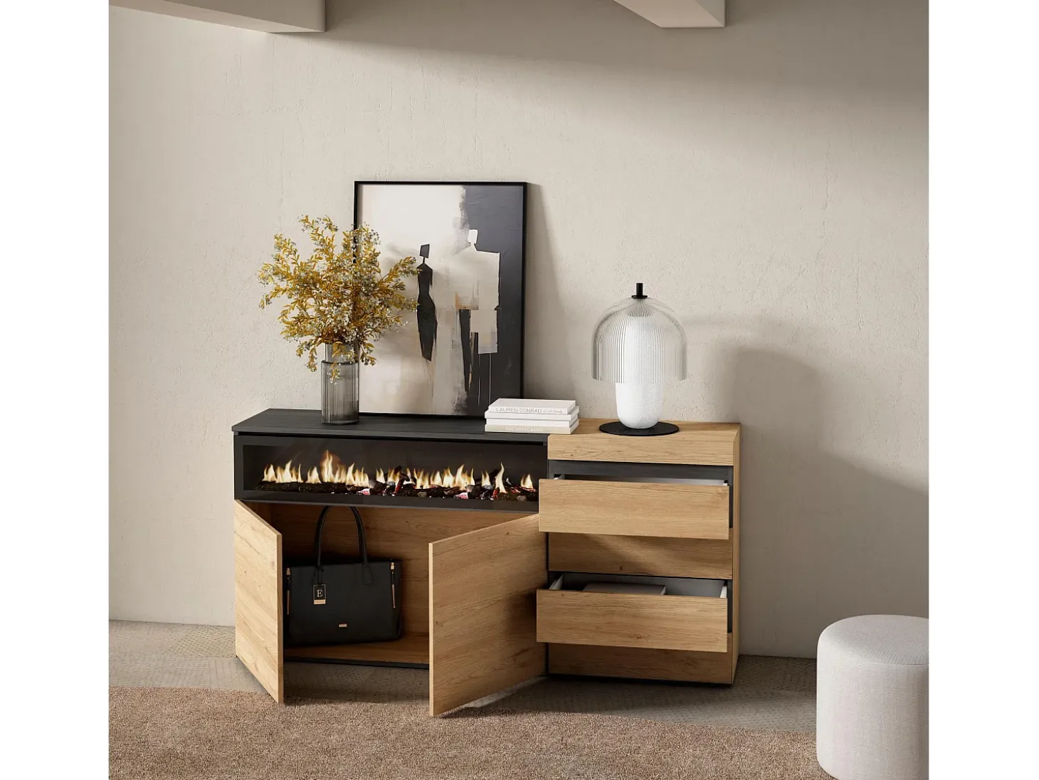 Aparador, 157x35x75cm, Dormitorio, habitación, Chimenea eléctrica, Cómoda, Cajonera, Roble