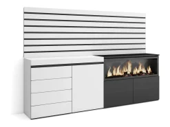 Aparador, 214x35x145cm, Dormitorio, habitación, Chimenea eléctrica XXL, Cómoda, Cajonera, Blanco