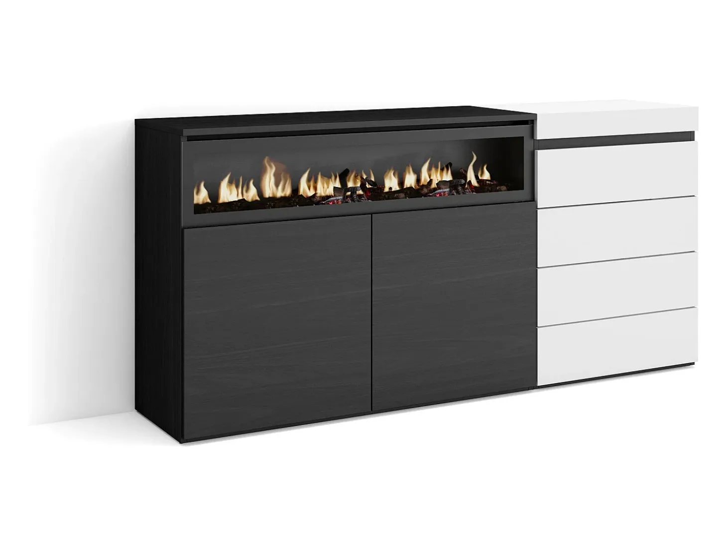 Aparador, 157x35x75cm, Dormitorio, habitación, Chimenea eléctrica, Cómoda, Cajonera, Blanco