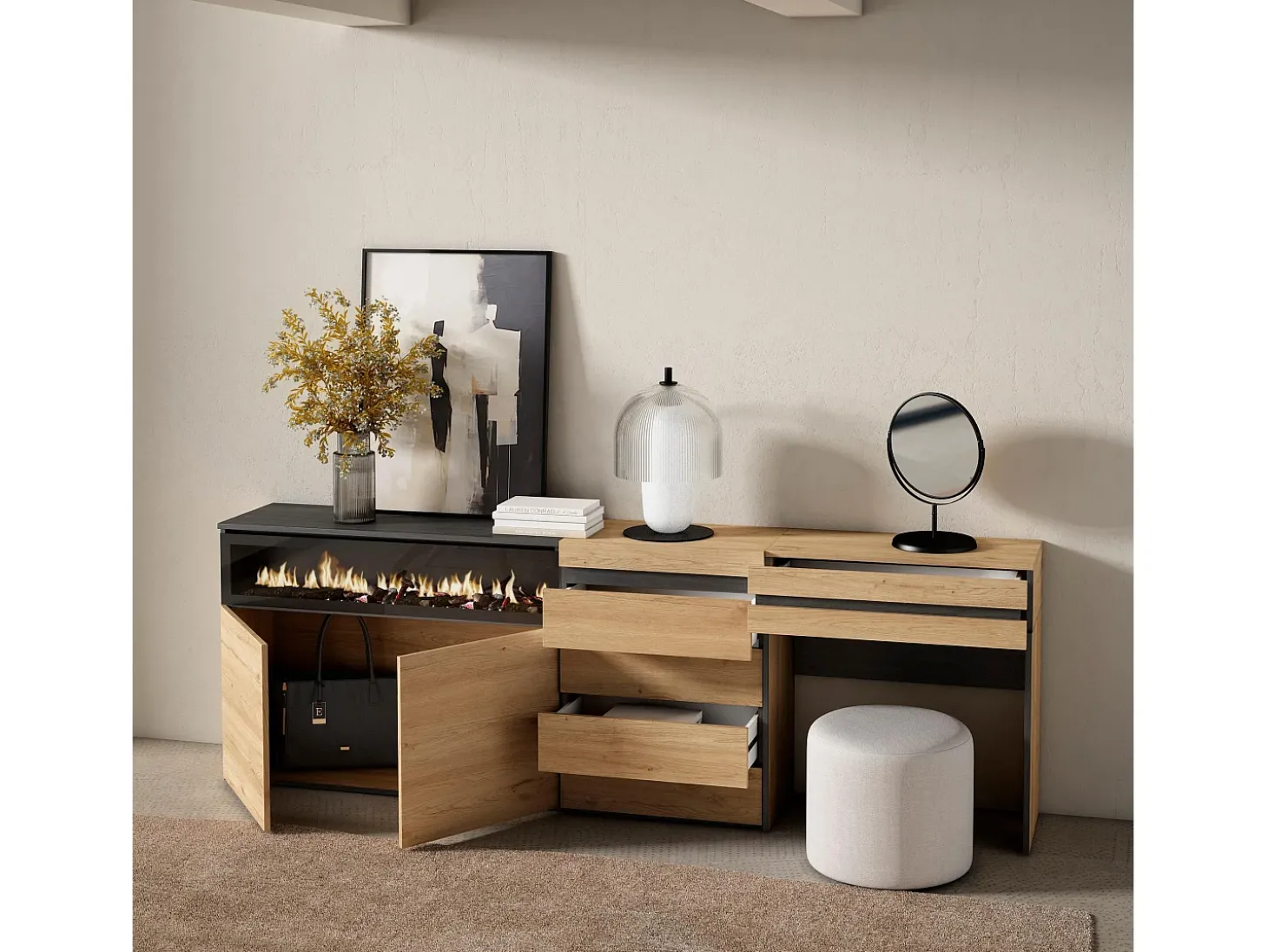 Aparador, 227x35x75cm, Dormitorio, habitación, Chimenea eléctrica, Cómoda, Cajonera, Tocador, Roble