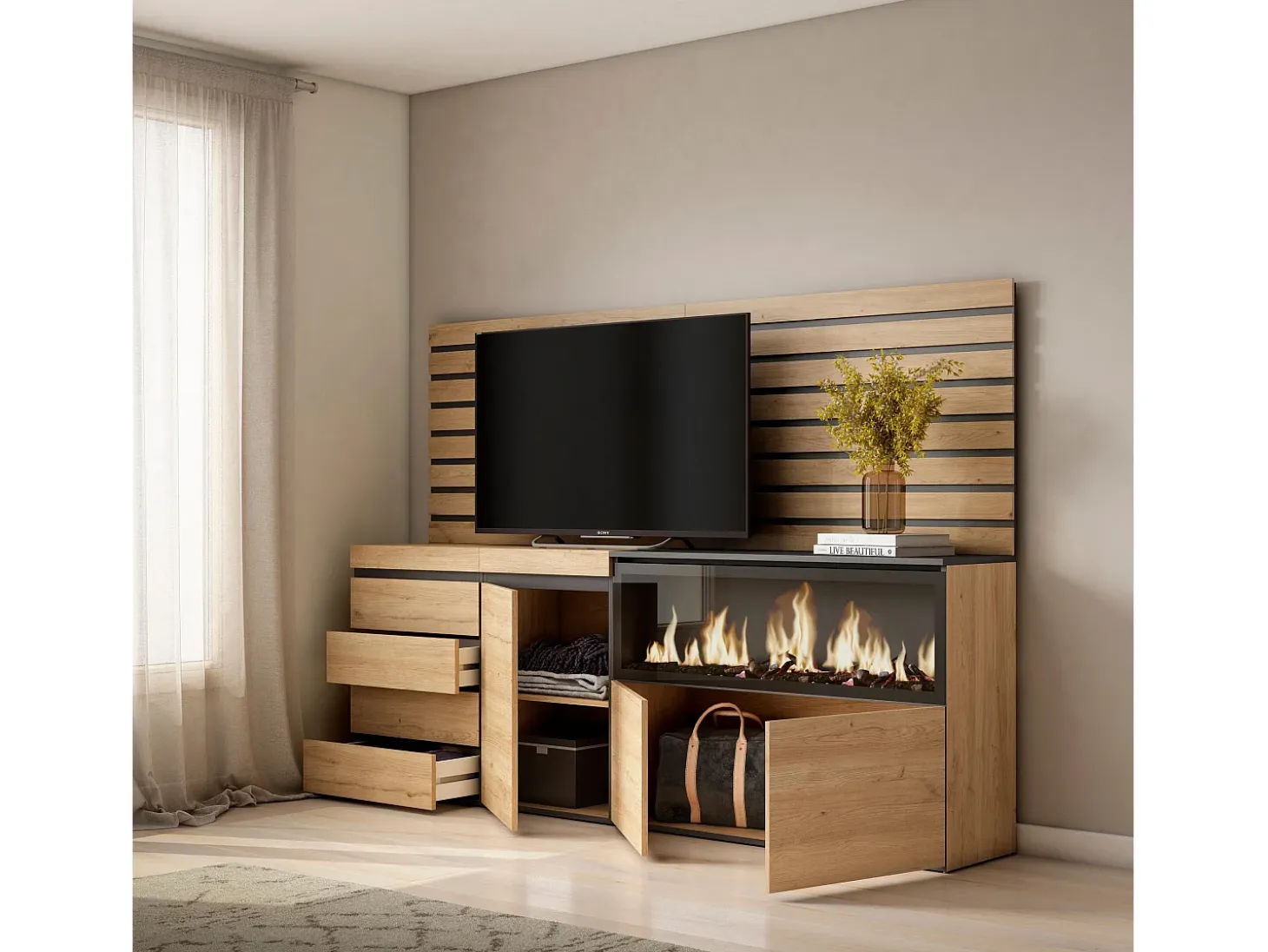Aparador, 214x35x145cm, Dormitorio, habitación, Chimenea eléctrica XXL, Cómoda, Cajonera, Roble